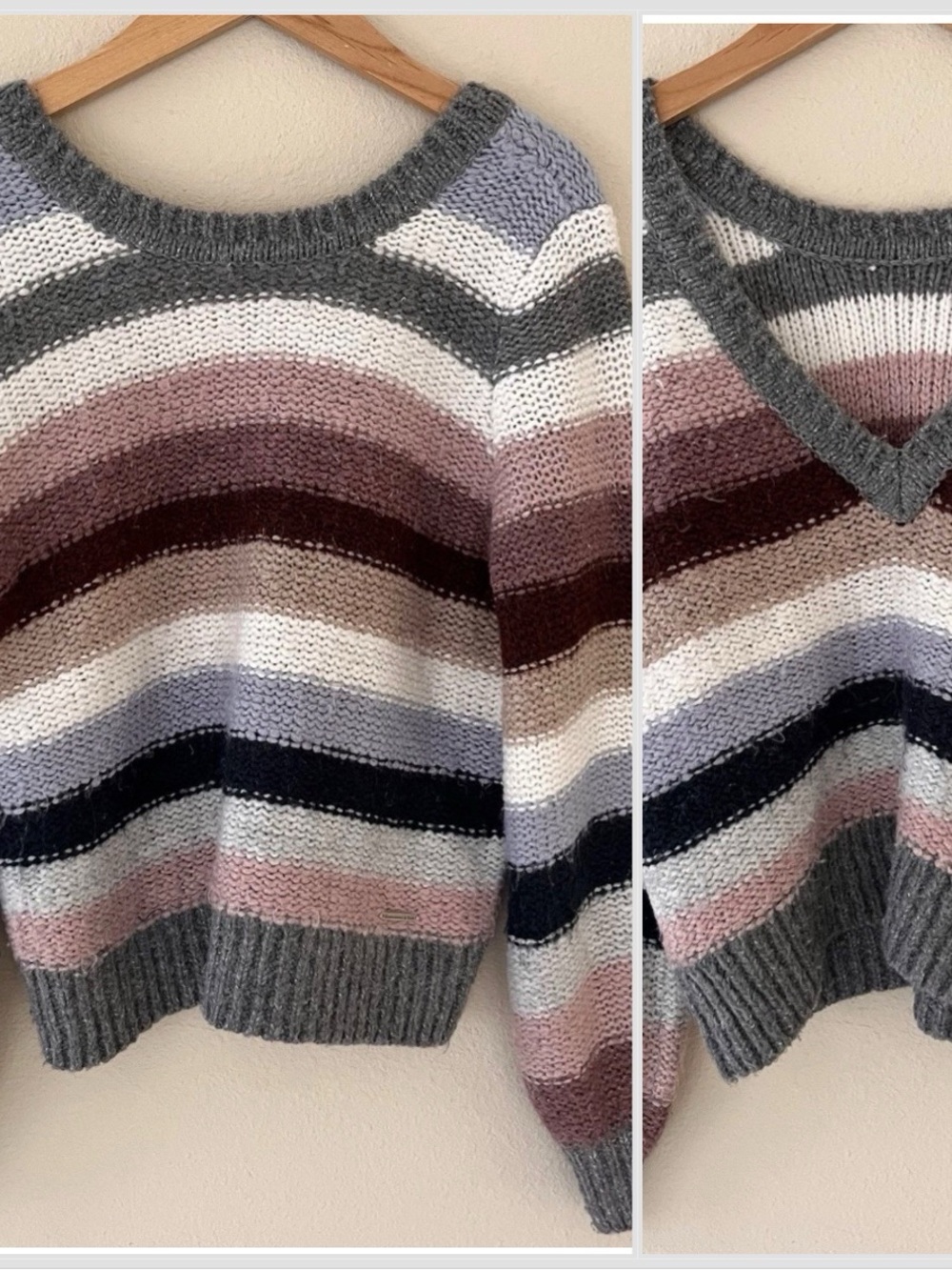 Abercrombie Sweater Large Reversible Neckline Striped Cozy‎ Soft Girl Boxy Logo